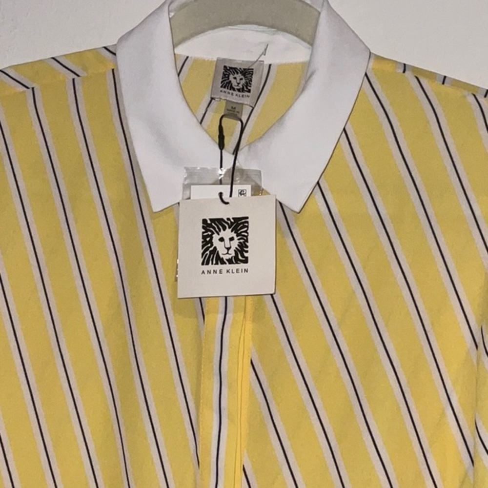 Anne Klein Yellow Diagonal Striped White Cuff Polyester Elegant L/S Shirt M NWT
